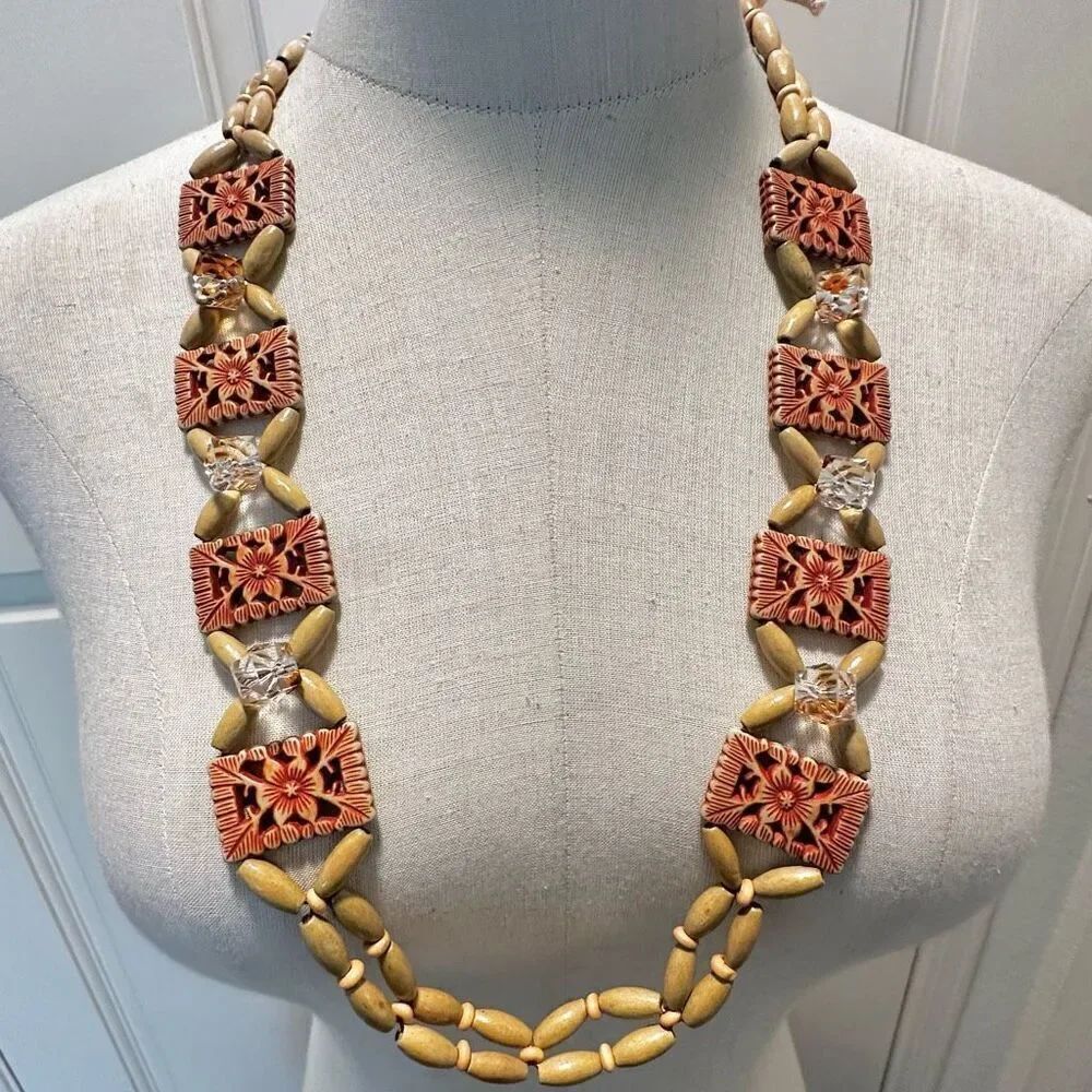 Sqaure carved Resin & Wooden Beaded long necklace